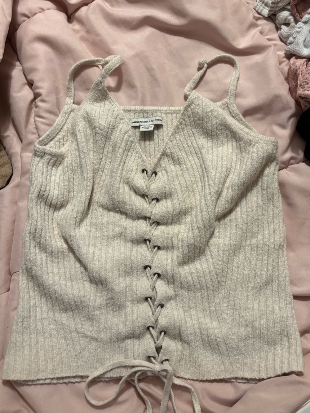 American Eagle Outfitters Cream Ribbed Lace-Up Cami Top